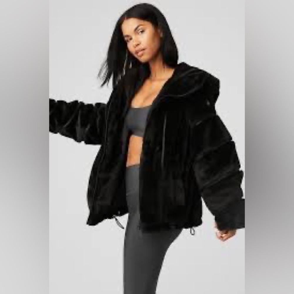 Alo Knock Out Black Faux Fur Hooded Jacket - Women
